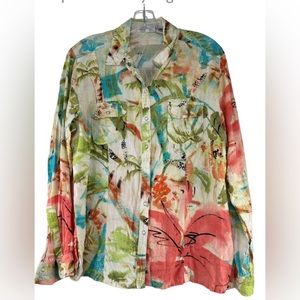 🪸Chico’s Linen, Tropical, Whimsical, Snap Front, Long Sleeve Shirt Size 1, M